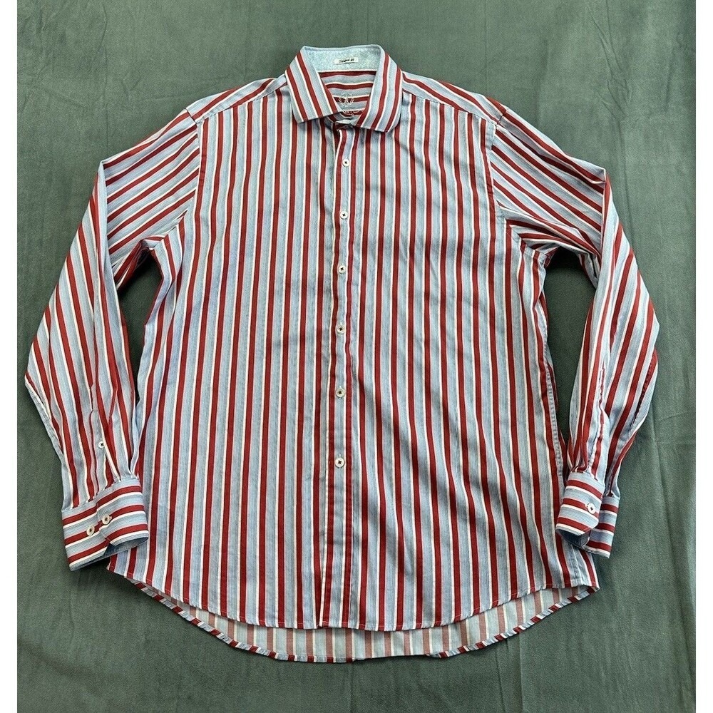 Bugatchi All Cotton Button Front Shirt Mens XL Shaped Trim Fit Stripes Red Blue
